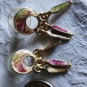 Vintage Pink and Green Enameled Goldtone Earrings USA